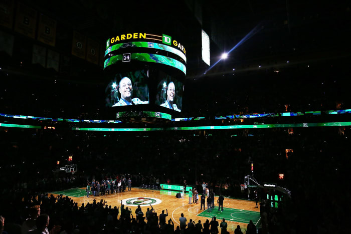 A view of the Boston Celtics court as fans honor Paul Pierce.