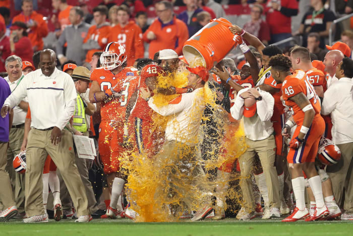 Head coach Dabo Swinney of the Clemson Tigers is dunked with Gatorade during the fourth quarter of the 2016 PlayStation Fiesta Bowl.