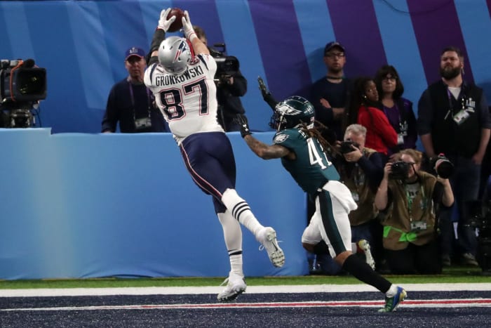 Rob Gronkowski catching a touchdown pass.