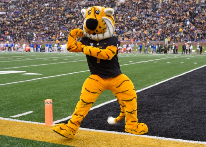 Missouri's mascot dancing in the end zone.