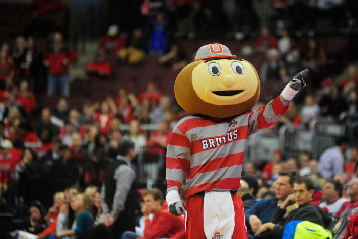 A closeup of Ohio State's mascot during a basketball game.