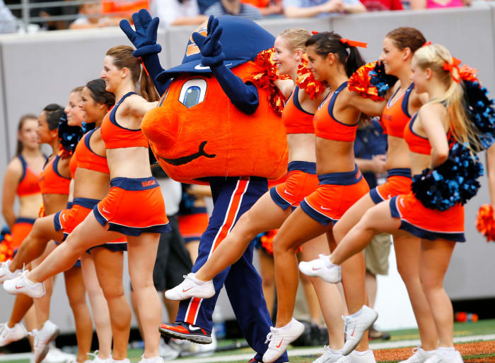 Syracuse's mascot performing with the cheerleaders.