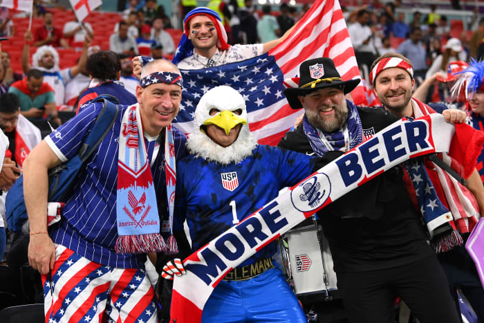 AL KHOR, QATAR - NOVEMBER 25: United States fans enjoy the pre match atmosphere prior to the FIFA World Cup Qatar 2022 Group B match between England and USA at Al Bayt Stadium on November 25, 2022 in Al Khor, Qatar. (Photo by Stu Forster/Getty Images)