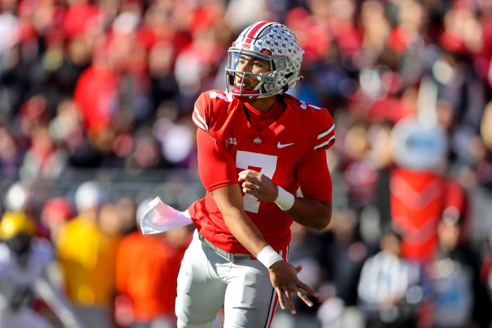 CJ Stroud throws a pass against Michigan.