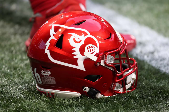 A general view of a Louisville Cardinals helmet during a game against Ole Miss.