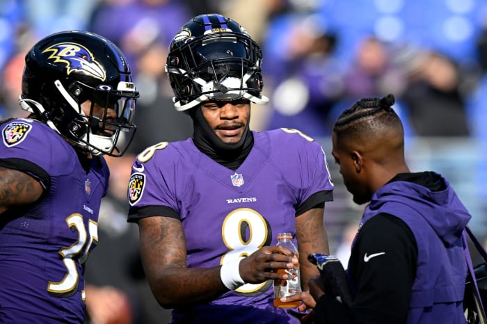 Lamar Jackson of the Baltimore Ravens gets looked at.