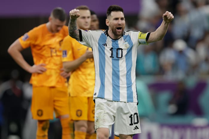 DOHA, QATAR - DECEMBER 9: Lionel Messi of Argentina celebrates during the World Cup match between Holland v Argentina at the Lusail Stadium on December 9, 2022 in Doha Qatar (Photo by Eric Verhoeven/Soccrates/Getty Images)