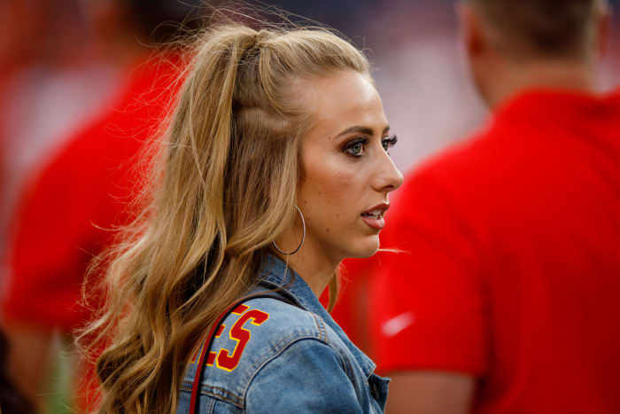 Brittany Mahomes, wife of Chiefs quarterback Patrick Mahomes, watches before a game against the Denver Broncos.