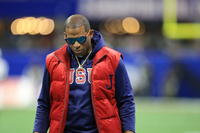 Jackson State head coach Deion Sanders walks off the field.