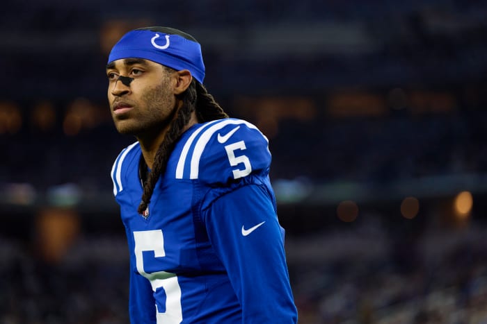 ARLINGTON, TX - DECEMBER 04: Stephon Gilmore #5 of the Indianapolis Colts warms up before kickoff against the Dallas Cowboys at AT&T Stadium on December 4, 2022 in Arlington, Texas. (Photo by Cooper Neill/Getty Images)