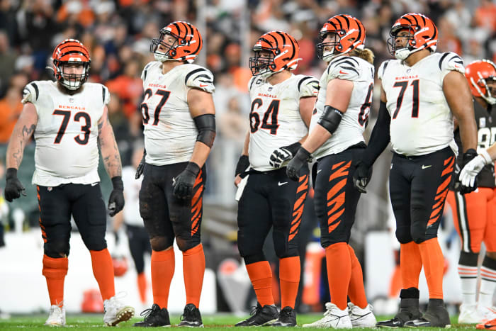 CLEVELAND, OHIO - OCTOBER 31: The Cincinnati Bengals offensive line looks on during the second half against the Cleveland Browns at FirstEnergy Stadium on October 31, 2022 in Cleveland, Ohio. (Photo by Nick Cammett/Diamond Images via Getty Images)
