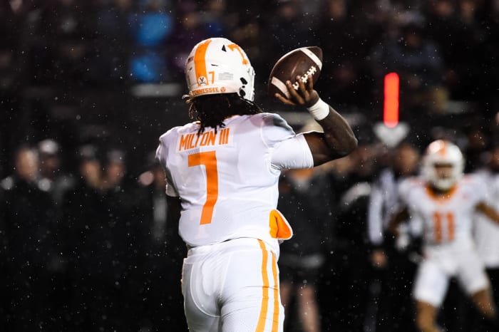 Joe Milton of the Volunteers attempts a pass.