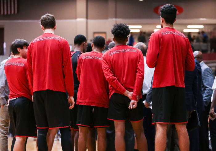 College basketball players at the Jack Stephens Center.