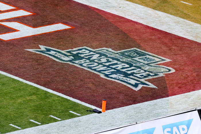 BRONX, NY - DECEMBER 29: A general view of the Pinstripe Bowl logo in the end zone prior to the New Era Pnstripe Bowl on December 29, 2021 at Yankee Stadium in the Bronx, NY. (Photo by Rich Graessle/Icon Sportswire via Getty Images)