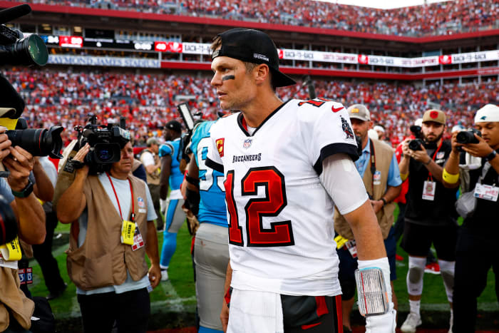 Tom Brady on the field for the Buccaneers in Tampa Bay.
