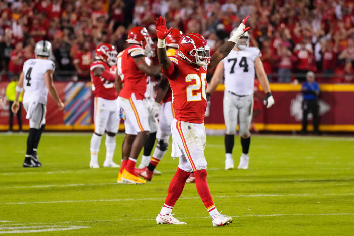 KANSAS CITY, MO - OCTOBER 10: Justin Reid #20 of the Kansas City Chiefs celebrates against the Las Vegas Raiders at GEHA Field at Arrowhead Stadium on October 10, 2022 in Kansas City, Missouri. (Photo by Cooper Neill/Getty Images)