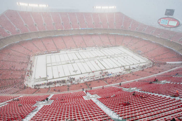 Snow covers Arrowhead Stadium.