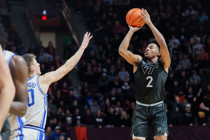 MJ Collins of Virginia Tech shoots over Duke's Kyle Filipowski.
