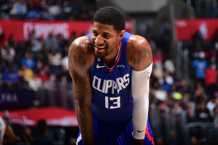 Paul George of the Clippers smiles during a game against the Oklahoma City Thunder.