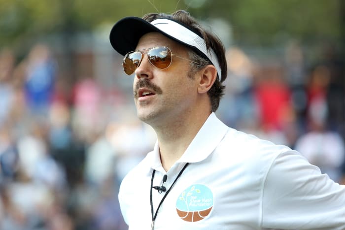 NEW YORK, NY - JUNE 22: Actor Jason Sudeikis, in character as coach Ted Lasso, instructs his team during the 2016 Steve Nash Foundation Showdown at Sara D. Roosevelt Park on June 22, 2016 in New York City. (Photo by Monica Schipper/WireImage)