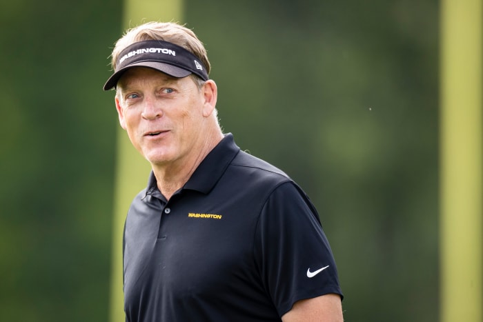 ASHBURN, VA - JUNE 10: Defensive coordinator Jack Del Rio of the Washington Football Team reacts during mandatory minicamp at Inova Sports Performance Center on June 10, 2021 in Ashburn, Virginia. (Photo by Scott Taetsch/Getty Images)