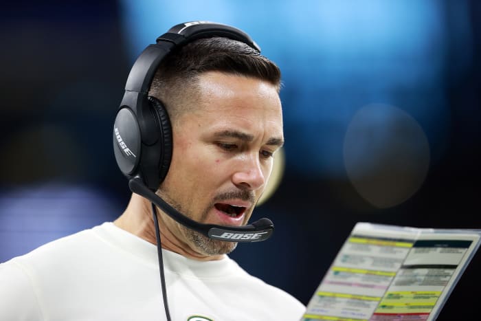 DETROIT, MICHIGAN - JANUARY 09: Head coach Matt LaFleur of the Green Bay Packers looks on during the first half against the Detroit Lions at Ford Field on January 09, 2022 in Detroit, Michigan. (Photo by Rey Del Rio/Getty Images)