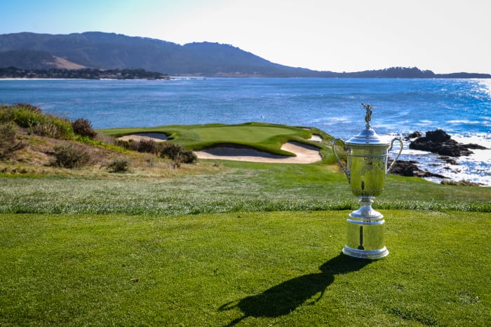 PEBBLE BEACH, CA - NOV 08: A general view of the U.S. Open trophy on the seventh hole tee box during previews for the 2019 U.S. Open at Pebble Beach Golf Links on November 8, 2018 in Pebble Beach, California. (Photo by Keyur Khamar/PGA TOUR)