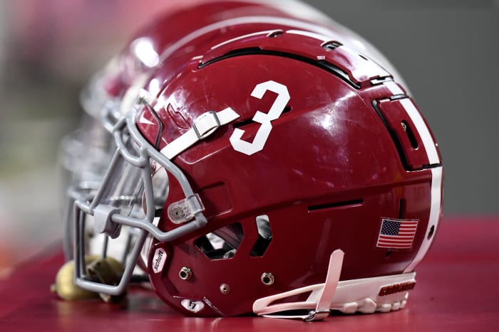 INDIANAPOLIS, IN - JANUARY 10: An Alabama Crimson Tide helmet sits on the sideline at the conclusion of the Alabama Crimson Tide versus the Georgia Bulldogs in the College Football Playoff National Championship, on January 10, 2022, at Lucas Oil Stadium in Indianapolis, IN. (Photo by Michael Allio/Icon Sportswire via Getty Images)