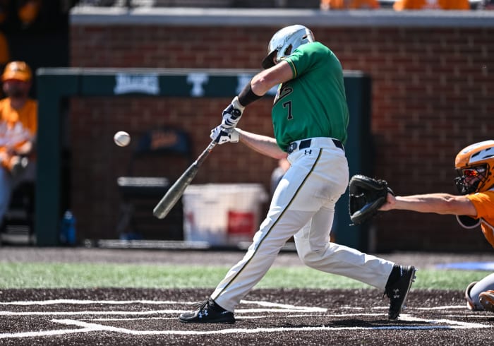 Notre Dame's Jack Zyska hitting the ball in a game.