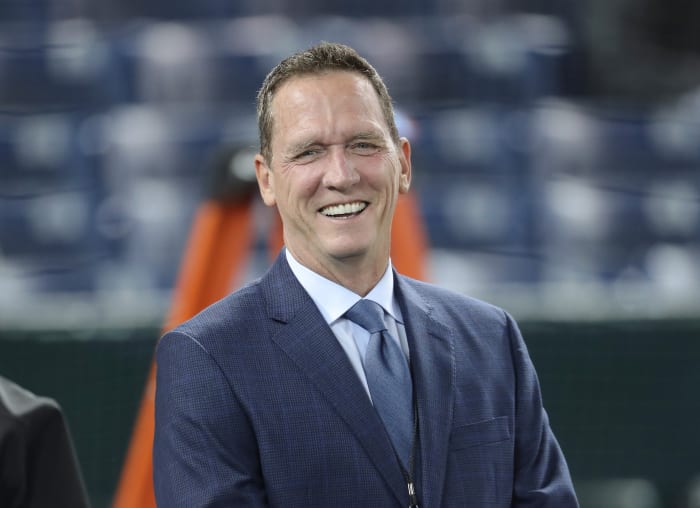 TORONTO, ON - MARCH 30: Former pitcher and YES Network color commentator David Cone laughs during batting practice before the New York Yankees MLB game against the Toronto Blue Jays at Rogers Centre on March 30, 2018 in Toronto, Canada. (Photo by Tom Szczerbowski/Getty Images) *** Local Caption *** David Cone