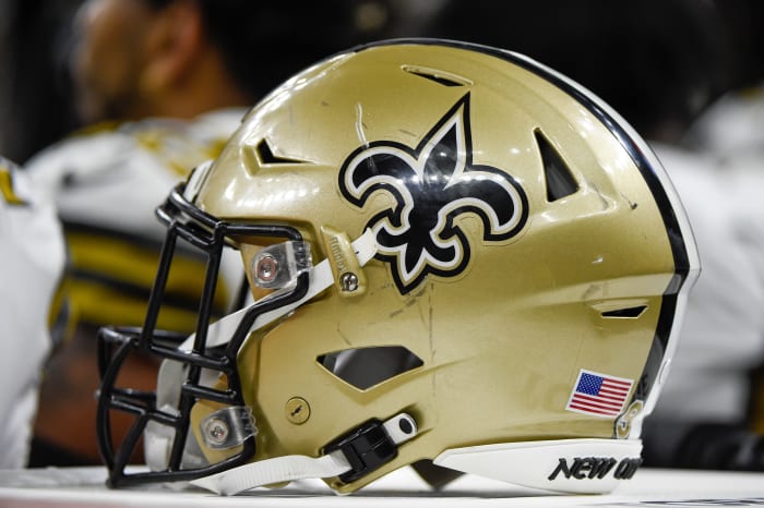 NEW ORLEANS, LOUISIANA - OCTOBER 31: New Orleans Saints helmet during a football game between the Tampa Bay Buccaneers and the New Orleans Saints at the Caesars Superdome on October 31, 2021 in New Orleans, Louisiana (Photo by Ken Murray/Icon Sportswire via Getty Images)