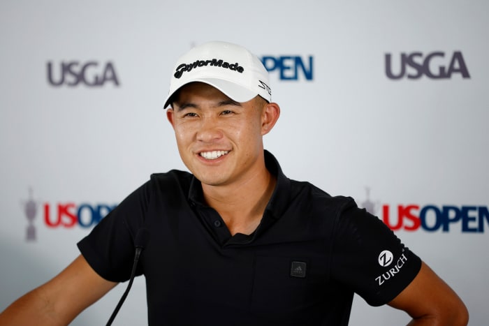 BROOKLINE, MASSACHUSETTS - JUNE 14: Collin Morikawa of the United States speaks to the media at a press conference during a practice round prior to the US Open at The Country Club on June 14, 2022 in Brookline, Massachusetts. (Photo by Cliff Hawkins/Getty Images)