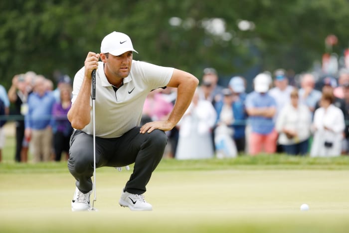 BROOKLINE, MASSACHUSETTS - JUNE 18: Scottie Scheffler of the United States prepares to putt on the first green during the third round of the 122nd U.S. Open Championship at The Country Club on June 18, 2022 in Brookline, Massachusetts. (Photo by Jared C. Tilton/Getty Images)