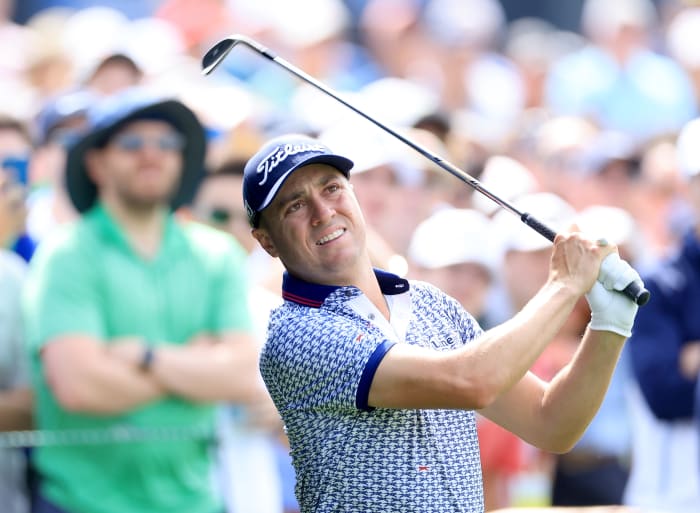 BROOKLINE, MASSACHUSETTS - JUNE 17: Justin Thomas of The United States plays his second shot on the 18th hole during the second round of the 2022 U.S.Open Championship at The Country Club on June 17, 2022 in Brookline, Massachusetts. (Photo by David Cannon/Getty Images)