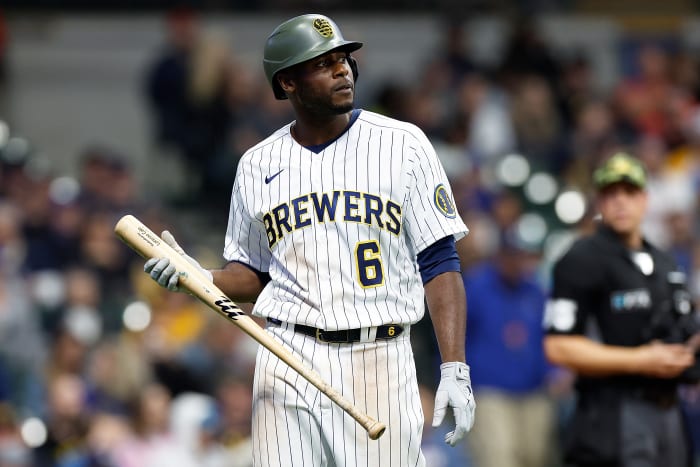MILWAUKEE, WISCONSIN - MAY 21: Lorenzo Cain #6 of the Milwaukee Brewers walks back to the dugout after striking out against the Washington Nationals at American Family Field on May 21, 2022 in Milwaukee, Wisconsin. (Photo by John Fisher/Getty Images)