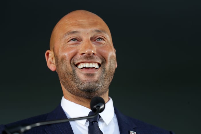 COOPERSTOWN, NY - SEPTEMBER 08: Hall of Fame Inductee Derek Jeter speaks during the 2021 Hall of Fame Induction Ceremony at Clark Sports Center on Wednesday, September 8, 2021 in Cooperstown, New York. (Photo by Mary DeCicco/MLB Photos via Getty Images)