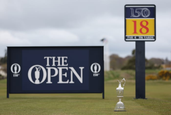 ST ANDREWS, SCOTLAND - APRIL 26: The Claret Jug sits on the 18th tee at St Andrews Old Course on April 26, 2022 in St Andrews, Scotland. The 150th Open Championship will take place on The Old Course at St Andrews between the 14th and 17th July. (Photo by Richard Heathcote/R&A/R&A via Getty Images)