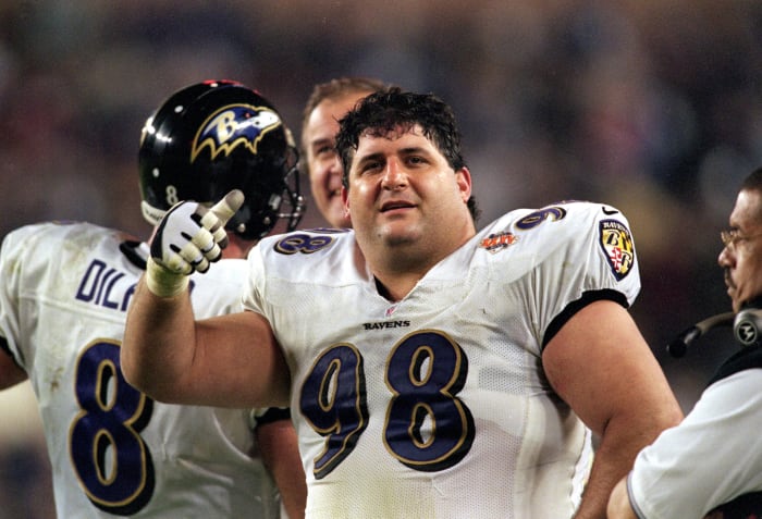 28 Jan 2001: Tony Siragusa #98 of the Baltimore Ravens celebrates on the field after the Super Bowl XXXV Game against the New York Giants at the Raymond James Stadium in Tampa, Florida. The Ravens defeated the Giants 34-7.Mandatory Credit: Andy Lyons /Allsport