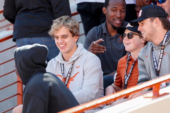 AUSTIN, TEXAS - OCTOBER 16: Arch Manning of Isidore Newman School attends the game between the Texas Longhorns and the Oklahoma State Cowboys at Darrell K Royal-Texas Memorial Stadium on October 16, 2021 in Austin, Texas. (Photo by Tim Warner/Getty Images)