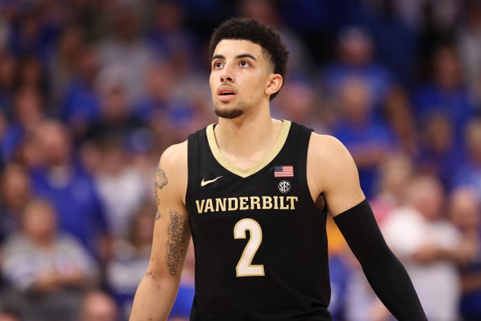 TAMPA, FLORIDA - MARCH 11: Scotty Pippen Jr. #2 of the Vanderbilt Commodores looks on during the second half against the Kentucky Wildcats in the Quarterfinal game of the SEC Men's Basketball Tournament at Amalie Arena on March 11, 2022 in Tampa, Florida. Kentucky defeated Vanderbilt 77-71. (Photo by Andy Lyons/Getty Images)