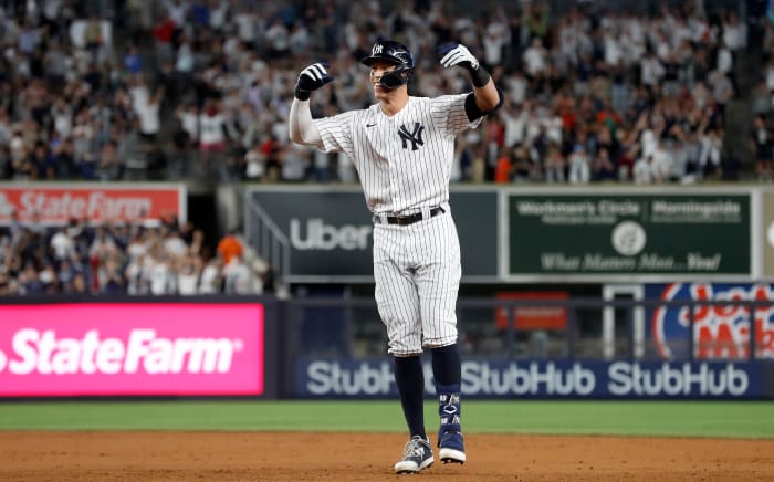 Aaron Judge celebrates a walk-off win in the Bronx.