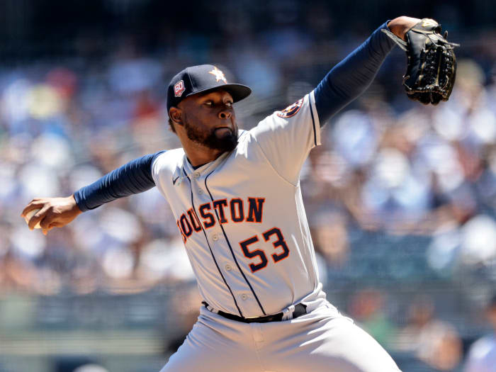 NEW YORK, NY - JUNE 25: Cristian Javier #53 of the Houston Astros throws a pitch in the bottom of the first inning against the New York Yankees at Yankee Stadium on June 25, 2022 in the Bronx borough of New York City. (Photo by Christopher Pasatieri/Getty Images)