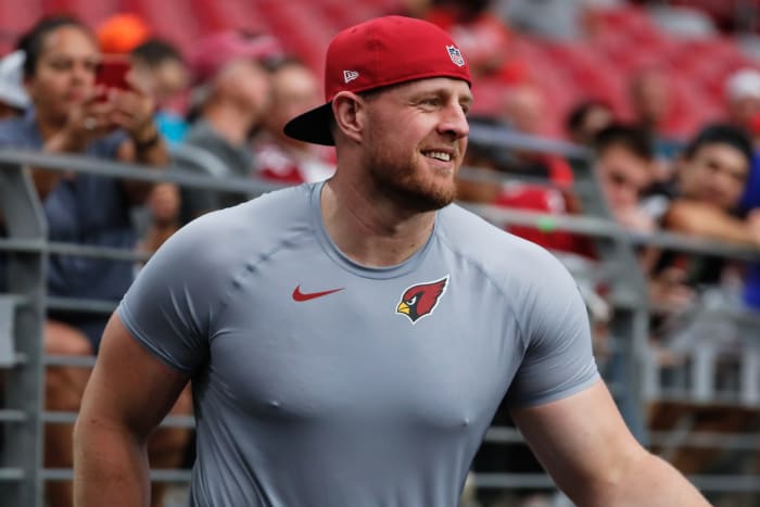 GLENDALE, AZ - AUGUST 04: Arizona Cardinals defensive end JJ Watt (99) smiles on the sideline during Arizona Cardinals training camp on August 4, 2021 at State Farm Stadium in Glendale, Arizona (Photo by Kevin Abele/Icon Sportswire via Getty Images)