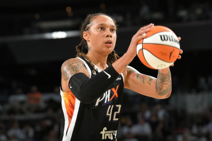 PHOENIX, AZ - OCTOBER 10: Brittney Griner #42 of the Phoenix Mercury looks on during the game against the Chicago Sky during game one of the 2021 WNBA Finals at The Footprint on October 10, 2021 in Phoenix, Arizona.  NOTICE TO USER: User expressly acknowledges and agrees that by downloading and/or using this photograph, the user agrees to the terms of the Getty Images License Agreement.  Mandatory Copyright Notice: Copyright 2021 NBAE (Photo by Michael Gonzales/NBAE via Getty Images)