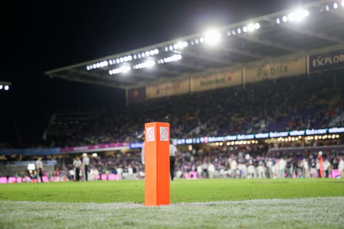 ORLANDO, FLORIDA - DECEMBER 21: A Cure Bowl Emblem is seen on a pylon during the fourth quarter of the 2019 Cure Bowl between the Liberty Flames and the Georgia Southern Eagles at Exploria Stadium on December 21, 2019 in Orlando, Florida. (Photo by James Gilbert/Getty Images)