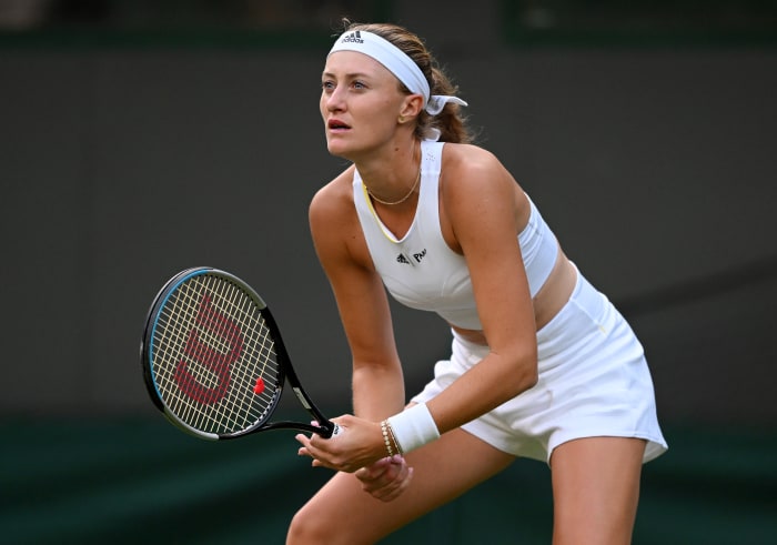 LONDON, ENGLAND - JUNE 27: Kristina Mladenovic of France looks on against Angelique Kerber of Germany during the Women's Singles First Round match during Day One of The Championships Wimbledon 2022 at All England Lawn Tennis and Croquet Club on June 27, 2022 in London, England. (Photo by Shaun Botterill/Getty Images)