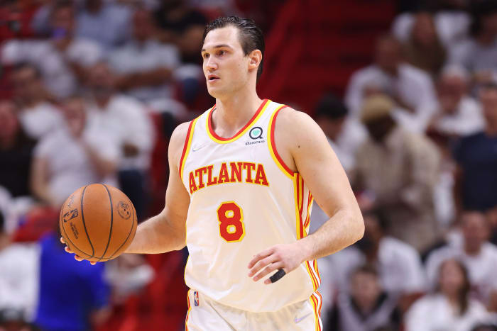 MIAMI, FLORIDA - APRIL 26: Danilo Gallinari #8 of the Atlanta Hawks dribbles against the Miami Heat in Game Five of the Eastern Conference First Round at FTX Arena on April 26, 2022 in Miami, Florida. NOTE TO USER: User expressly acknowledges and agrees that, by downloading and or using this photograph, User is consenting to the terms and conditions of the Getty Images License Agreement.  (Photo by Michael Reaves/Getty Images)