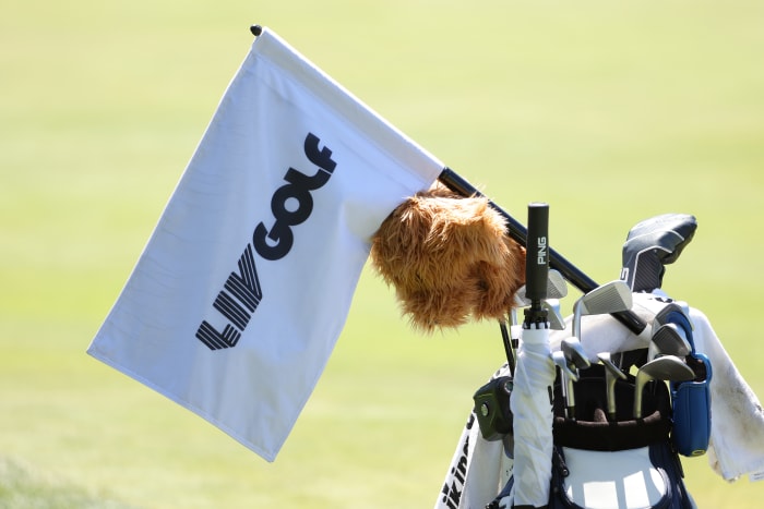 NORTH PLAINS, OREGON - JUNE 29: A detailed view of a flag with LIV Golf logo is seen during the pro-am prior to the LIV Golf Invitational - Portland at Pumpkin Ridge Golf Club on June 29, 2022 in North Plains, Oregon.  (Photo by Jamie Squire/LIV Golf/via Getty Images)