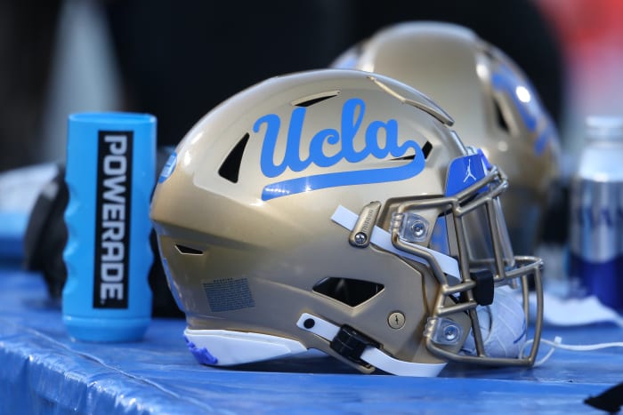 PASADENA, CA - SEPTEMBER 04: UCLA Bruins helmet during the college football game between the LSU Tigers and the UCLA Bruins on September 04, 2021, at the Rose Bowl in Pasadena, CA. (Photo by Jevone Moore/Icon Sportswire via Getty Images)
