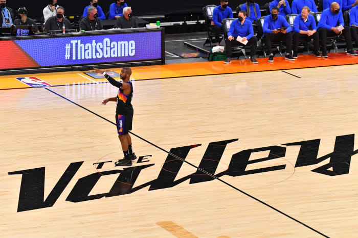 PHOENIX, AZ - JULY 17: Chris Paul #3 of the Phoenix Suns looks on during Game Five of the 2021 NBA Finals on July 17, 2021 at Footprint Center in Phoenix, Arizona. NOTE TO USER: User expressly acknowledges and agrees that, by downloading and/or using this Photograph, user is consenting to the terms and conditions of the Getty Images License Agreement. Mandatory Copyright Notice: Copyright 2021 NBAE (Photo by Jesse D. Garrabrant/NBAE via Getty Images)